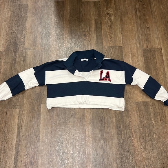 Stripped navy and cream Pull&Bear cropped long sleeve - Picture 1 of 4